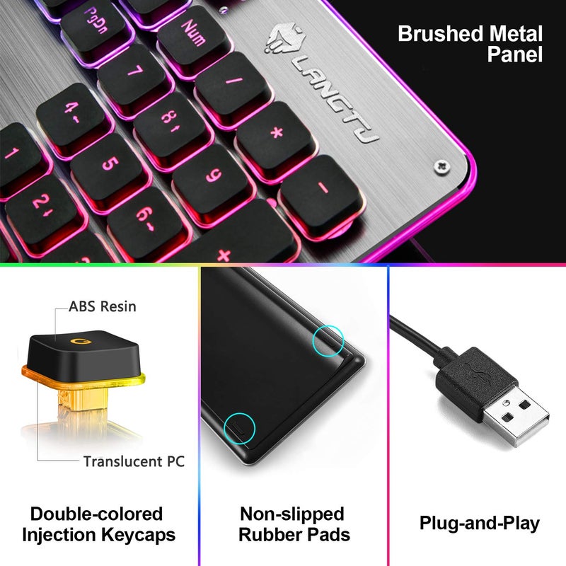 LANGTU Membrane Gaming Keyboard, Colorful LED Backlit Quiet Keyboard for Study, All-Metal Panel USB Wired 25 Keys Anti-ghosting Computer Keyboard 104 Keys - L1 Black/Silverâ€¦ - Image 3